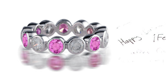 238 custom made unique stackable alternating bezel set round pink sapphire and diamond eternity band ring