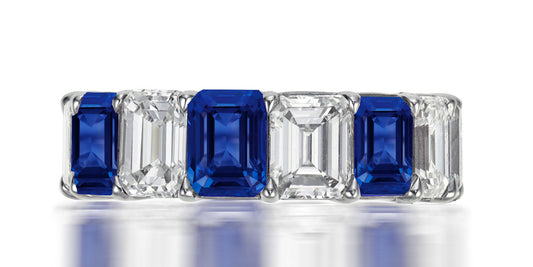 247 custom elegant stackable alternating emerald cut blue sapphire and diamond eternity band wedding anniversary ring