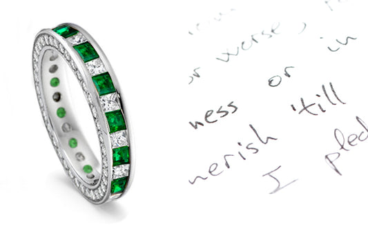 stackable eternity ring with alternating square emeralds and diamonds