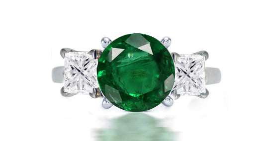 255 custom made unique round emerald center stone and square diamond accent three stone engagement ring1