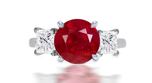 255 custom made unique round ruby center stone and square diamond accent three stone engagement ring1