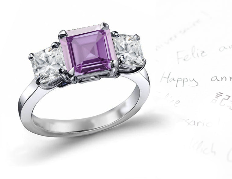 engagement ring three stone with square purple sapphire center and side square diamonds