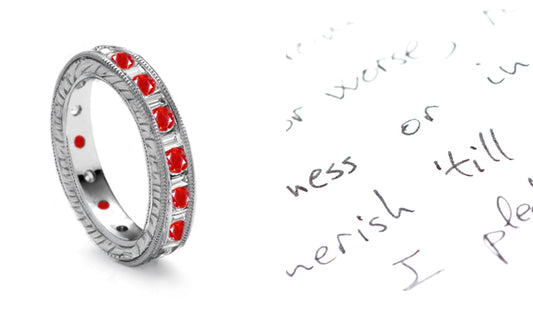 stackable eternity ring with alternating round rubies and baguette diamonds