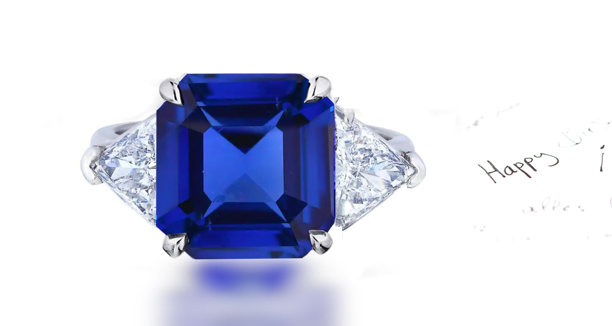 261 custom made unique square blue sapphire center stone and trillion diamond accent three stone engagement ring1