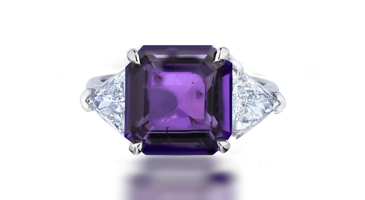 261 custom made unique square purple sapphire center stone and trillion diamond accent three stone engagement ring