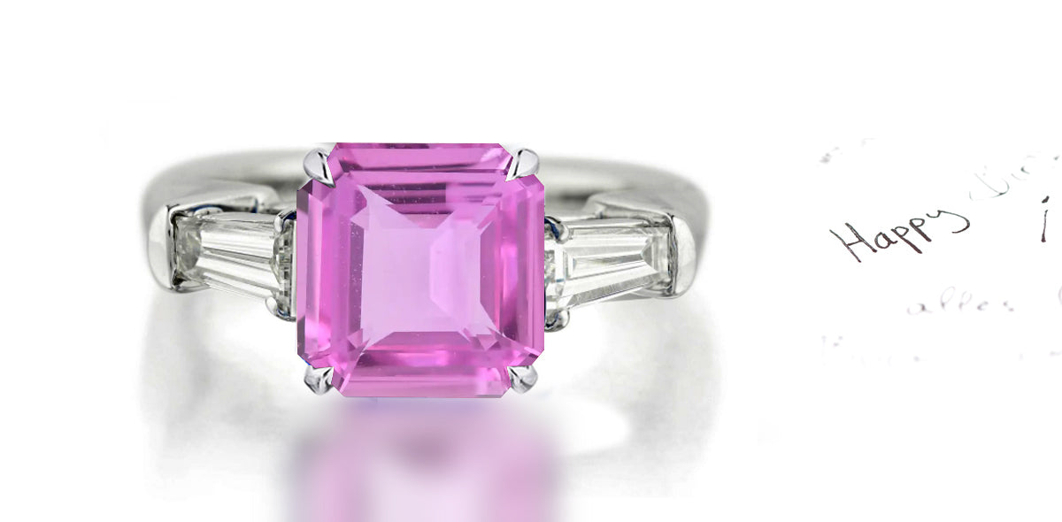 264 custom made unique square pink sapphire center stone and baguette cut diamond accent three stone engagement ring
