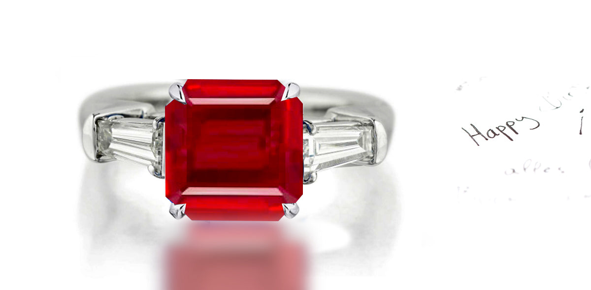 264 custom made unique square ruby center stone and baguette cut diamond accent three stone engagement ring