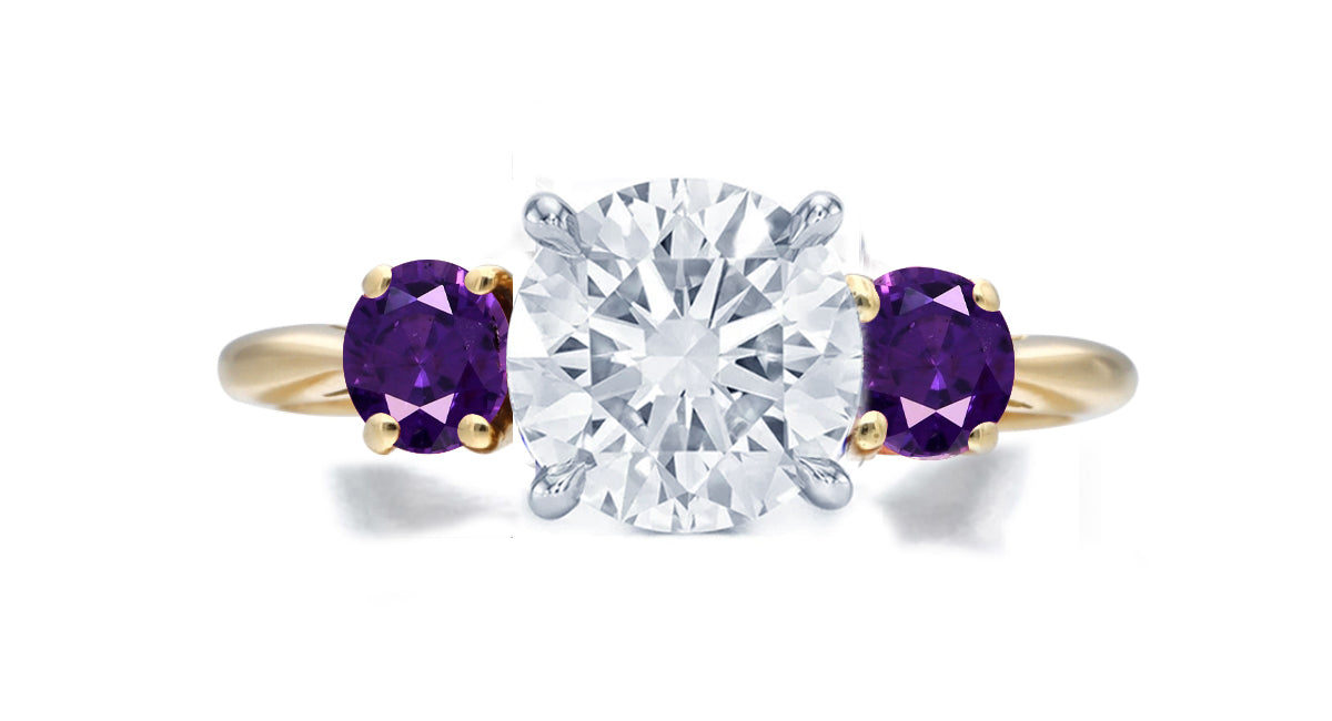 268 custom made unique round diamond center stone and round purple sapphire accent three stone engagement ring