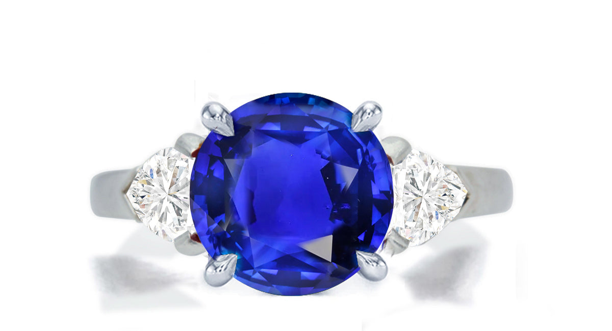 275 custom made unique round blue sapphire center stone and fancy diamond accent three stone engagement ring