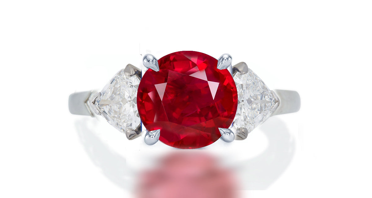 275 custom made unique round ruby center stone and fancy diamond accent three stone engagement ring