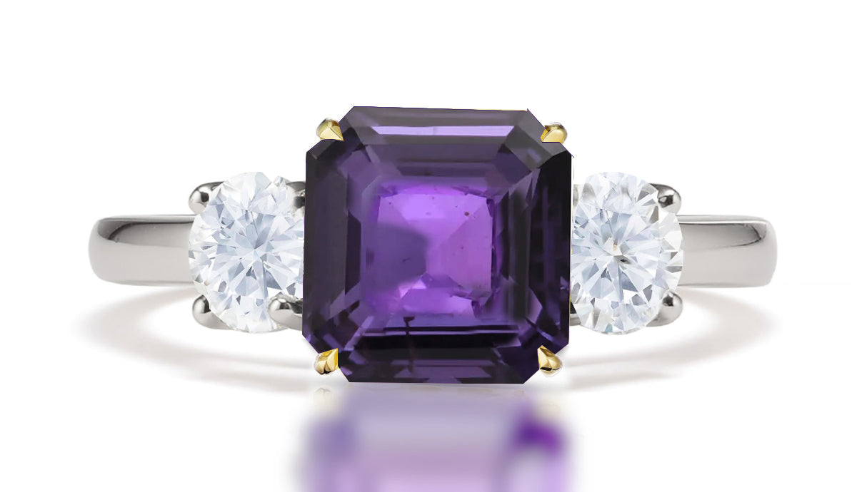 291 custom made unique square purple sapphire center stone and round diamond accent three stone engagement ring