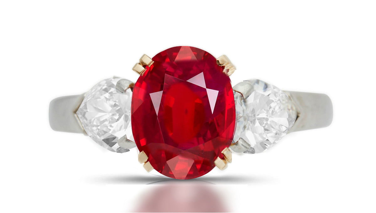 298 custom made unique oval rubye center stone and heart diamond accent three stone engagement ring