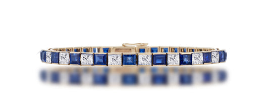 3 custom unique alternating square blue sapphire and diamond tennis bracelet