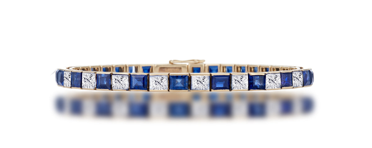 3 custom unique alternating square blue sapphire and diamond tennis bracelet