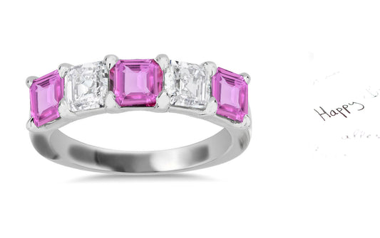 308 custom made unique asscher cut pink sapphire diamond five stone anniversary ring