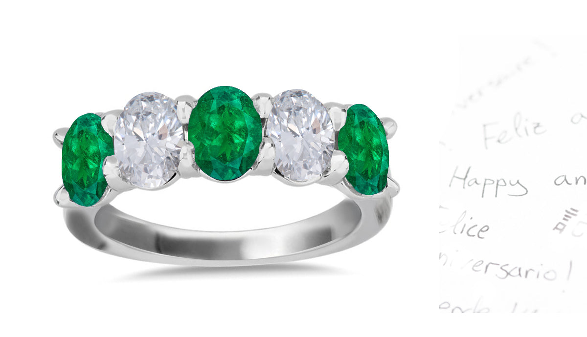 311 custom made unique oval emerald and diamond five stone anniversary ring