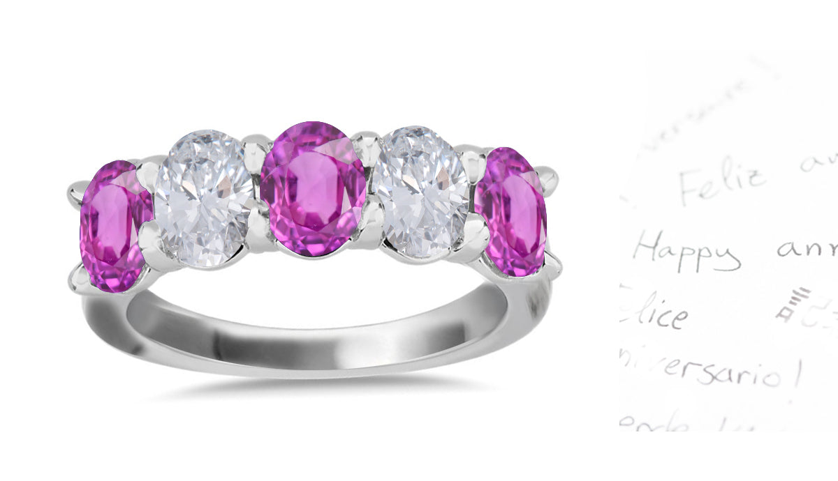 311 custom made unique oval pink sapphire and diamond five stone anniversary ring
