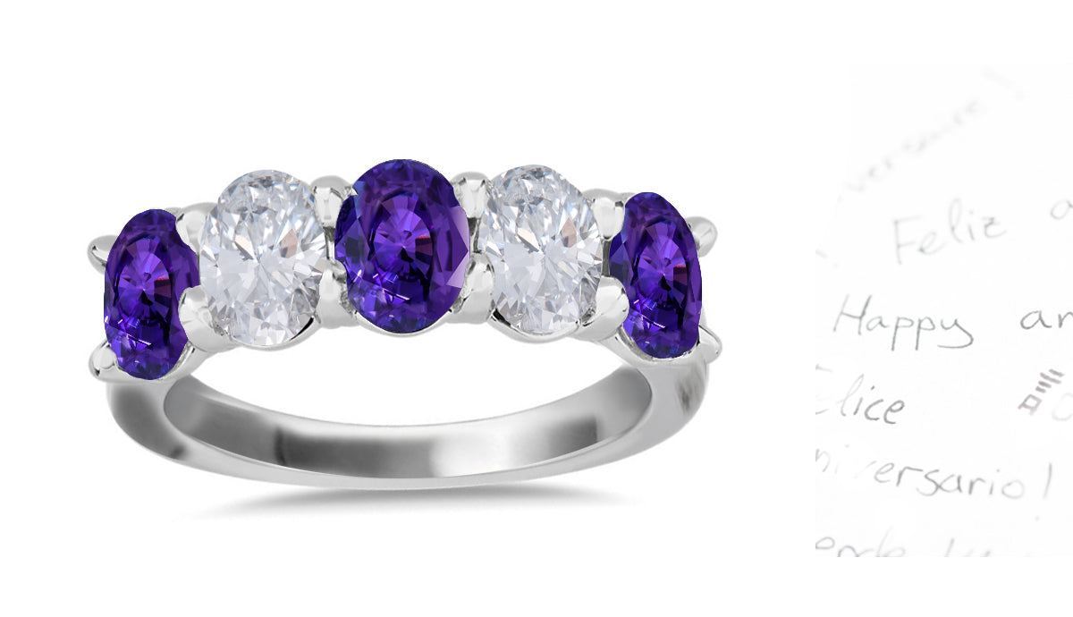 311 custom made unique oval purple sapphire and diamond five stone anniversary ring