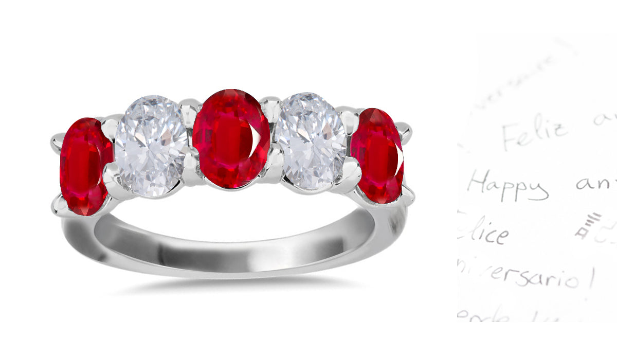 311 custom made unique oval ruby and diamond five stone anniversary ring