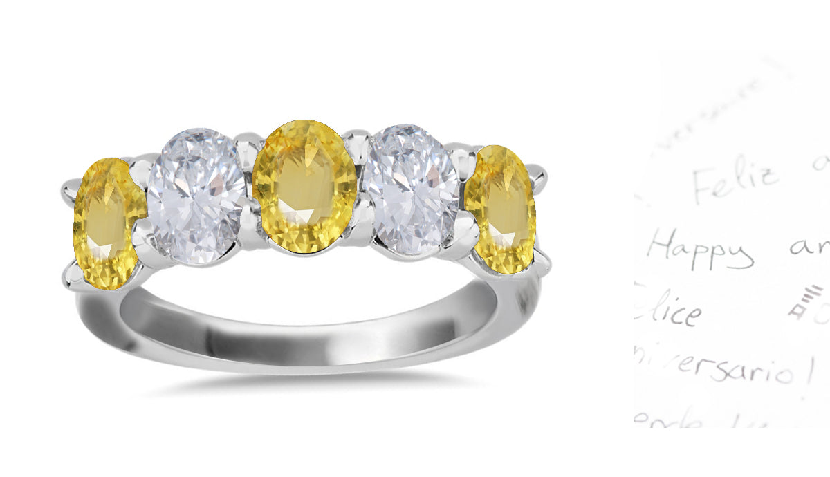 311 custom made unique oval yellow sapphire ruby and diamond five stone anniversary ring