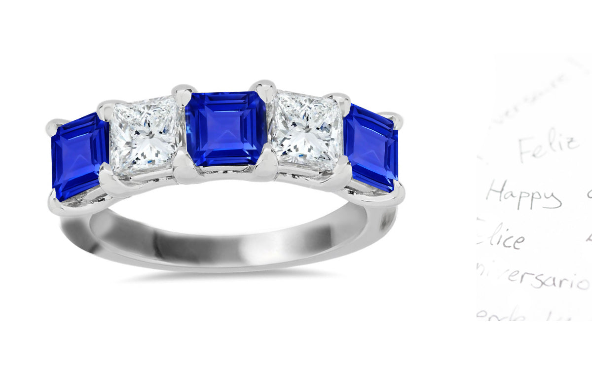 313 custom made unique square blue sapphire and diamond five stone anniversary ring