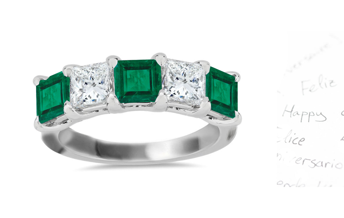 313 custom made unique square emerald and diamond five stone anniversary ring