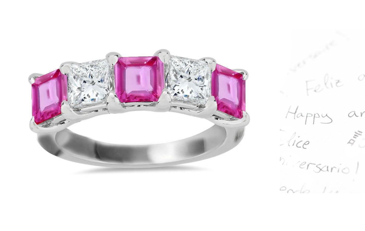 313 custom made unique square pink sapphire and diamond five stone anniversary ring