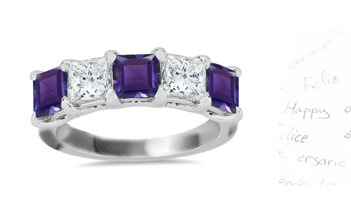 313 custom made unique square purple sapphire and diamond five stone anniversary ring