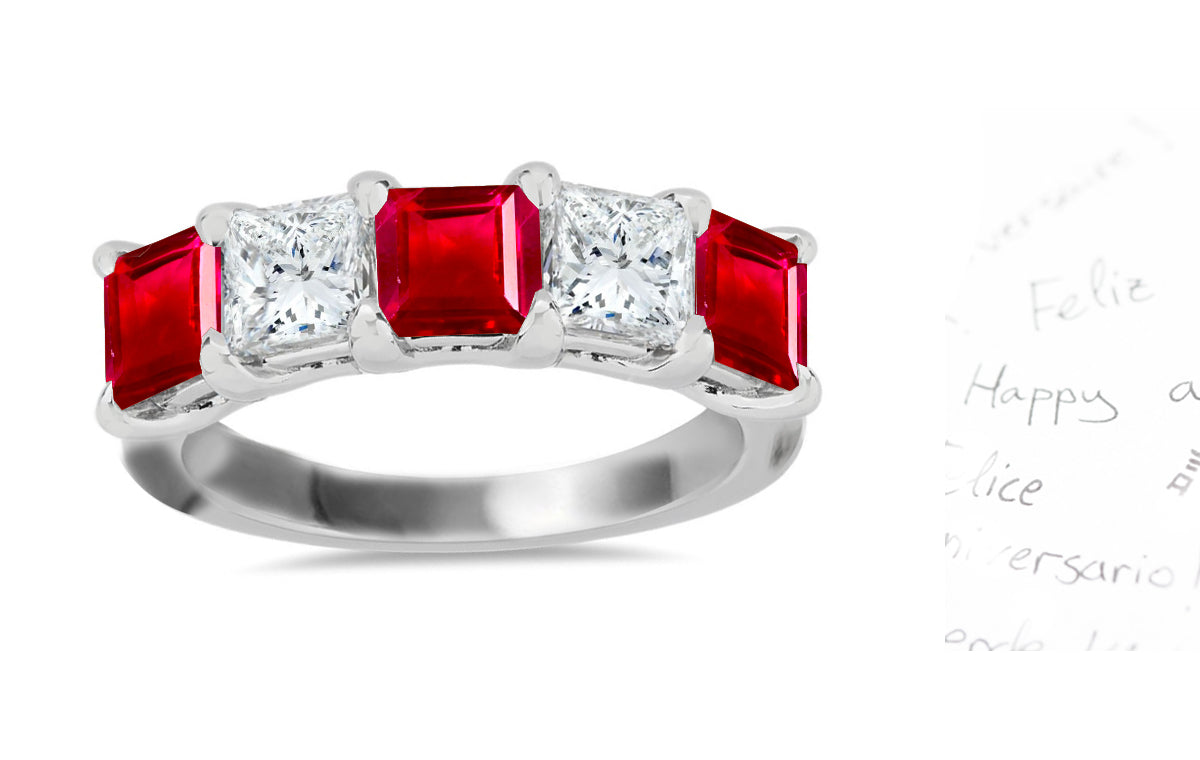 313 custom made unique square ruby and diamond five stone anniversary ring