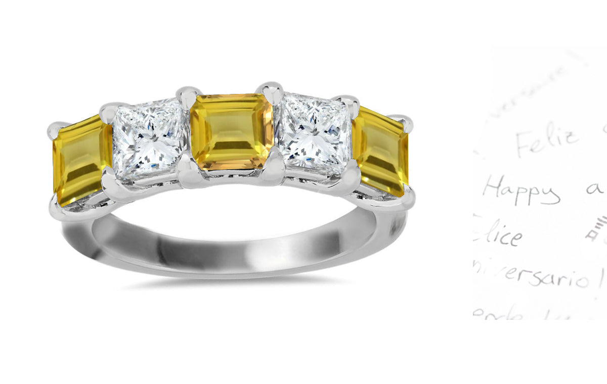 313 custom made unique square yellow sapphire and diamond five stone anniversary ring