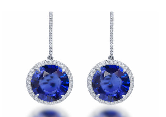 4 custom unique round blue sapphire and diamond halo earrings