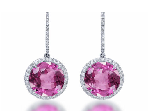 4 custom unique round pink sapphire and diamond halo earrings