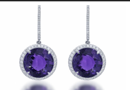 4 custom unique round purple sapphire and diamond halo earrings