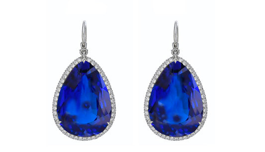 5 custom unique round pears blue sapphire and diamond halo earrings