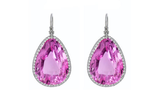5 custom unique round pears pink sapphire and diamond halo earrings