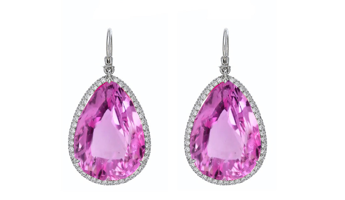 5 custom unique round pears pink sapphire and diamond halo earrings