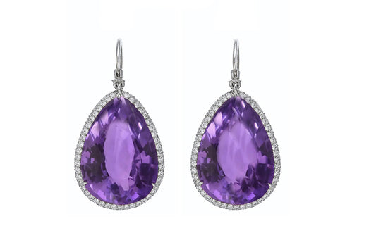 5 custom unique round pears purple sapphire and diamond halo earrings