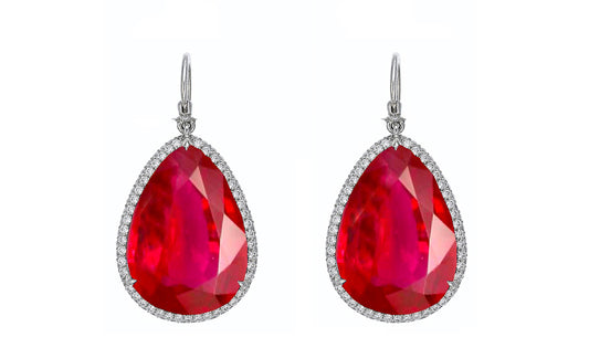 5 custom unique round pears ruby and diamond halo earrings