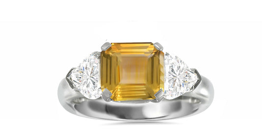 509 custom made unique asscher cut yellow sapphire center stone and heart diamond accent three stone engagement ring