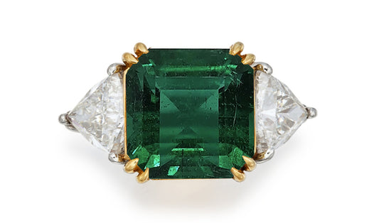 519 custom made unique asscher cut emerald center stone and trillion diamond accent three stone engagement ring