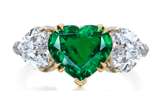 521 custom made unique heart emerald center stone and heart diamond accent three stone engagement ring