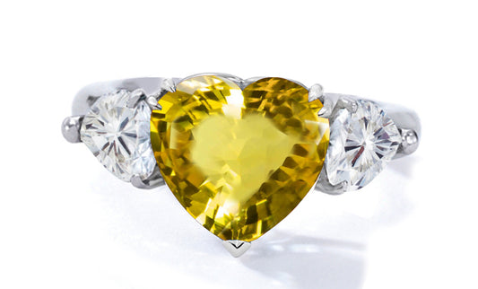522 custom made unique heart yellow sapphire center stone and heart diamond accent three stone engagement ring