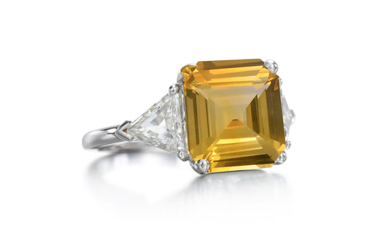 525 custom made unique asscher cut yellow sapphire center stone and trillion diamond accent three stone engagement ring
