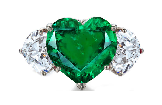 527 custom made unique heart emerald center stone and heart diamond accent three stone engagement ring