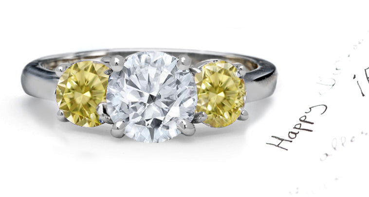 engagement ring three stone with round white diamond center and side yellow round diamonds