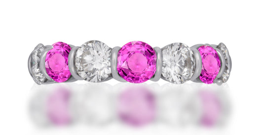 55 custom made unique stackable alternating round pink sapphire and diamond bar set eternity ring