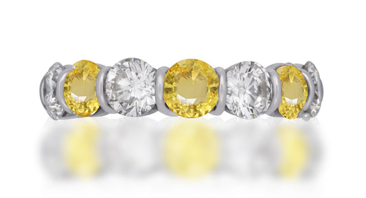 55 custom made unique stackable alternating round yellow sapphire and diamond bar set eternity ring
