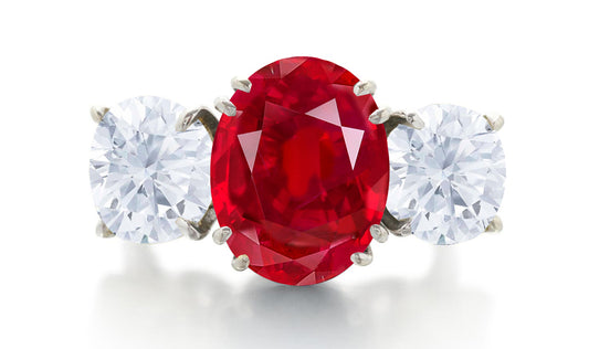 550 custom made unique oval ruby center stone and round diamond accent three stone engagement ring