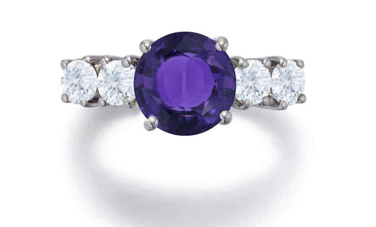 551 custom made unique round purple sapphire center stone and round diamond accents five stone engagement ring