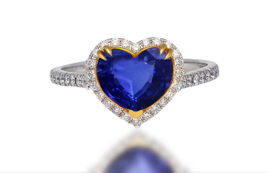 554 custom made unique heart blue sapphire center stone and round diamond halo engagement ring